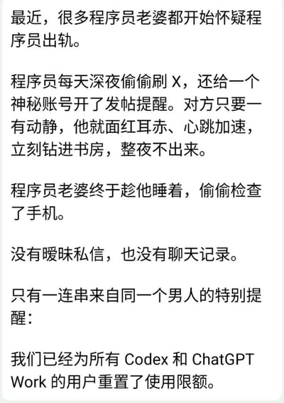 这是一张纯文字的搞笑段子图，内容先铺垫许多程序员的妻子怀疑丈夫出轨，描述了程序员深夜刷X平台、收到神秘账号提醒就立刻钻进书房整夜不出来的反常行为，制造出轨的悬念；后续妻子偷查丈夫手机没有发现任何暧昧相关内容，最终揭晓所谓的神秘提醒是AI工具服务商发来的Codex和ChatGPT Work使用限额重置的通知，用反差感制造笑点，调侃了程序员对开发工具额度的重视程度远超其他事的特点。