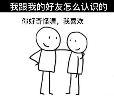 这是一张黑白简笔画风格的梗图，上方有黑色横幅标题写着“我跟我的好友怎么认识的”，中间文字内容为“你好奇怪喔，我喜欢”。画面中有两个 stick figure 风格的简笔画人物，左边人物伸出手臂搭在右边人物的肩膀上，两人都面带微笑，呈现出友好亲密的姿态。通过幽默的方式表现了友谊建立的有趣瞬间，暗示了朋友间因独特特质相互吸引的关系。