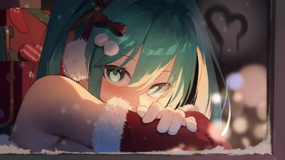 这是一张圣诞主题的初音未来同人插画，青绿色双马尾的初音佩戴着圣诞风格的毛球发饰与格纹蝴蝶结，身着带毛绒边的圣诞服饰，害羞地从结着霜花的窗边探出头，脸颊泛红，一只手轻抓着衣服领口。背景中可见堆叠的圣诞礼物盒，窗上还有心形的雾气印记，雪花缓缓飘落，整体画面温馨治愈，充满浓厚的圣诞节日氛围。