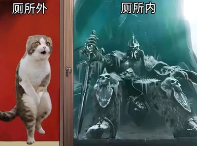 图片为左右对比图，左侧标注'厕所外'，是一只站立的猫咪，眼睛睁大、嘴巴张开，露出震惊表情，背景为红色；右侧标注'厕所内'，是《魔兽世界》中的巫妖王端坐于骷髅堆砌的王座上，背景为幽暗冰 cave，手持符文剑，气势威严。通过强烈反差制造幽默效果，调侃厕所内仿佛存在史诗级场景。