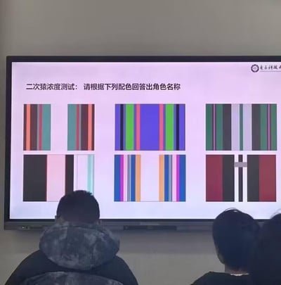 图片中显示一个大屏幕上正在进行"二次猿浓度测试"，测试要求根据屏幕上展示的六种不同配色方案来回答对应的角色名称。屏幕上有六个不同的彩色条纹组合，每个组合都代表一个动漫角色的经典配色。两个人正从背后观看这个测试屏幕，似乎在参与这个有趣的动漫知识挑战。