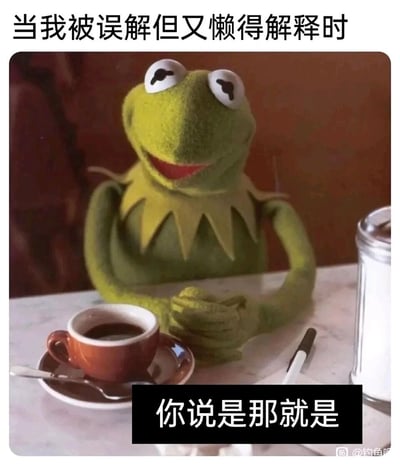这是一张以经典卡通角色科米蛙为主体的表情包，科米蛙坐在餐桌前，面前摆放着一杯咖啡，双手交叠置于桌面，双眼上翻，神态带着无奈又无所谓的摆烂感。图片上方配有文字“当我被误解但又懒得解释时”，下方配有文字“你说是那就是”，精准地传递出人们在被误解后，不愿耗费精力辩解，选择妥协式认同的消极应对心态，这种状态能在日常社交、职场沟通等场景中引发广泛共鸣。