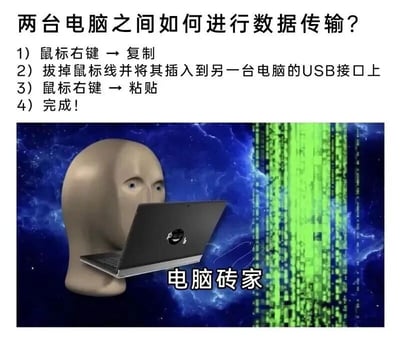 图片上半部分以文字形式提出问题“两台电脑之间如何进行数据传输？”，并列出四步“教程”：1）鼠标右键→复制；2）拔掉鼠标线并插入另一台电脑USB接口；3）鼠标右键→粘贴；4）完成！。下半部分是一张配图，画面中央是一个没有五官的人体模型头，头部前方悬浮着一台打开的笔记本电脑，背景为深蓝色星空与绿色代码流交织的科幻风格，模型头右侧配有“电脑砖家”四个醒目文字。
该梗图通过虚构“电脑专家”的荒谬操作（误以为鼠标能像U盘一样传输复制的数据），以夸张手法讽刺那些不懂装懂、提供错误建议的“伪专家”，具有强烈的幽默和讽刺效果。