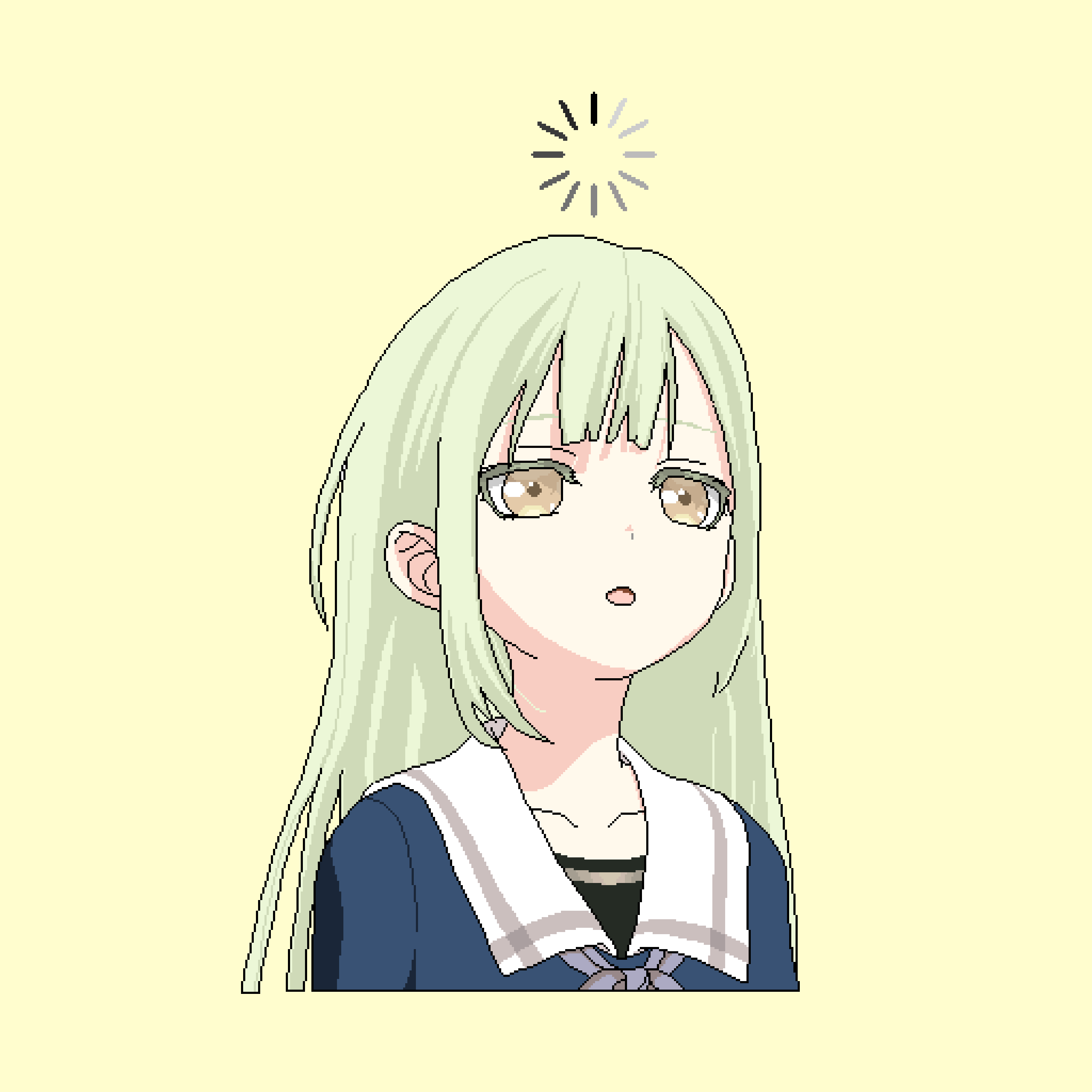 这是一张像素风格的卡通表情图，图中是二次元偶像音乐企划《BanG Dream!》衍生动画《BanG Dream! It's MyGO!!!!!》中的角色要乐奈，她有着淡绿色长发，身着水手服样式的校服，头顶带有一个表示恍然大悟的闪光符号，眼睛睁大、嘴巴微张，呈现出突然明白过来的惊讶又恍然的神情，适合用来表达突然领悟、恍然大悟的情绪。