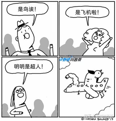 这是一幅四格连环黑白漫画，前三格依次展示了三位路人抬头望向天空，各自坚持天上的飞行物是鸟、飞机、超人，彼此产生争论；第四格揭晓了荒诞的真相——这个飞行物是一个将鸟的头部、类似超人的披风、飞机的身体融合在一起的怪异拼接形象，把三个猜测的元素全部整合，用反差感制造出搞笑的喜剧效果，打破了常规的超人出场梗的预期。