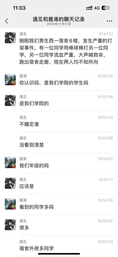 这是2024年11月17日的一段即时通讯聊天记录截图，用户「遇见」向「茜浠」告知男生西一宿舍6楼突发严重打架事件：一名同学被他人用棒球棒打伤，受伤者流血严重并呼喊救命后跑出宿舍走廊，目前涉事两人均下落不明。随后「茜浠」接连询问涉事学生是否为本学院、本年级人员，以及现场目击者数量，「遇见」逐一进行了回复，整个对话围绕这起突发校园暴力事件展开，传递出紧张的氛围。