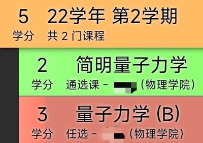 这是一张高校教务系统的界面截图，清晰展示了22学年第2学期的个人课程记录：该学期共修读2门课程，总学分为5分。其中一门是物理学院开设的2学分通选课《简明量子力学》，另一门是物理学院开设的3学分任选课《量子力学(B)》。图中无谐音梗、双关或暗示类内容，仅为客观的课程信息展示。