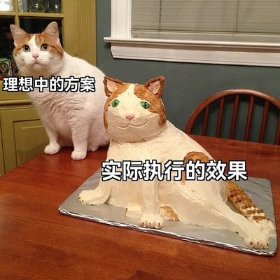 这张图片分为左右两个部分，左侧是真猫，右侧是以这只猫为原型制作的猫形蛋糕。真实的猫表情可爱自然，而蛋糕则有些夸张和“崩坏”，明显还原度不高。图中添加了中文文本：“理想中的方案”标在真猫身上，“实际执行的效果”标在蛋糕上，强烈对比表达“理想和现实的落差”。

没有出现谐音梗，但该图属于经典双关情景梗，用于嘲讽预期和实际的巨大差别，适合工作、学习或生活相关的自嘲情景。