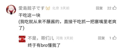 这是一张国内社交平台的评论截图，来自北京的用户“愛島館子です”分享了自己干吃食物不蘸酱的独特吃法，称直接抓一把塞嘴里的体验很爽快，该评论收获了22个点赞；来自河南的用户“不是，哥们儿”看到后回复，表达了终于找到同好的共鸣，该回复获得1个点赞，展现了网友在小众饮食喜好上的认同与互动。