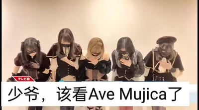 图中是《BanG Dream!》衍生乐队Ave Mujica的五位真人扮演者，身着乐队的暗黑风格特色制服，佩戴面罩，手放在胸前做出鞠躬致意的动作。下方配有文字“少爷，该看Ave Mujica了”，以一种类似侍从提醒主人的恭敬语气，来推荐这个乐队的相关内容，玩了“少爷梗”，没有双关、谐音梗或其他暗示内容。