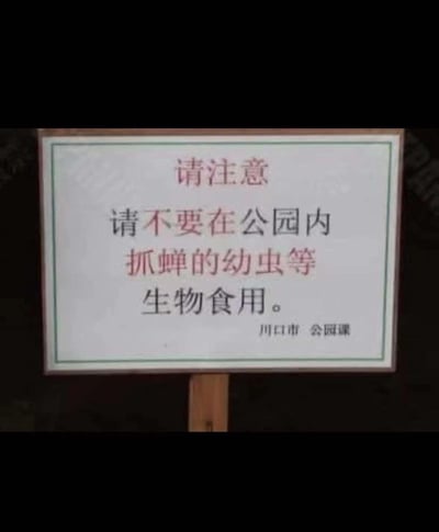 这是一张拍摄于公园内的官方告示牌照片，告示牌带有绿色细边框，文字采用红黑交替的排版：顶部红色字体标注“请注意”，随后以黑色、红色字体依次提示“请不要在公园内”“抓蝉的幼虫等”“生物食用。”，右下角用黑色字体标注发布单位为“周口市 公园课”。该告示旨在提醒游客不要捕捉公园内的蝉幼虫等野生生物食用，既保护公园生态，也避免野生生物带来的饮食安全隐患。图片中没有双关、谐音梗或暗示内容。