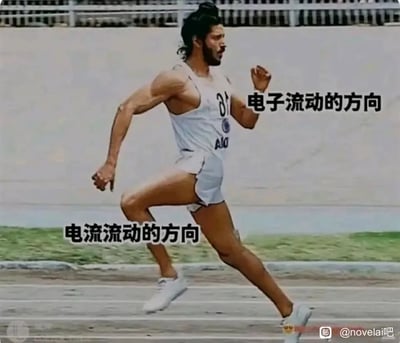 这是一张用于科普物理知识的趣味梗图，图中展示了一位在室外跑道上向前奔跑的男性运动员，他的身体前进的朝向被标注为“电子流动的方向”，而他后方抬起的腿的朝向被标注为“电流流动的方向”，以此生动形象地展现出物理学中“电流的规定方向与电子实际运动方向相反”的基础概念，让抽象的物理知识变得直观易懂。