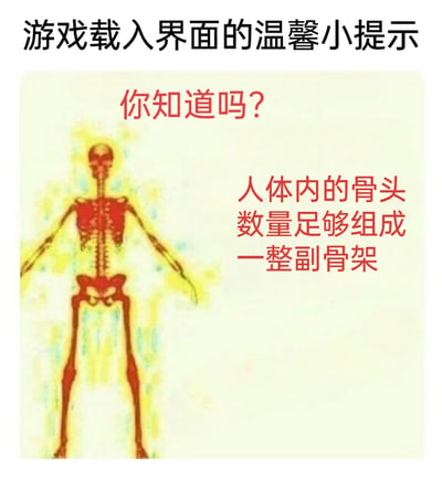 这是一张模仿游戏载入界面风格的搞笑梗图，顶部以黑色字体标注“游戏载入界面的温馨小提示”，画面左侧是一幅红色的人体骨架示意图，骨架呈双臂展开的站立姿态，周围带有黄色彩晕效果；右侧用红色字体呈现“你知道吗？人体内的骨头数量足够组成一整副骨架”的文字内容。该图以一本正经的语气陈述了一个完全正确但毫无信息量的常识，属于典型的“废话文学”，通过这种反差感制造出幽默搞笑的效果，调侃了那些看似有意义实则无用的信息。