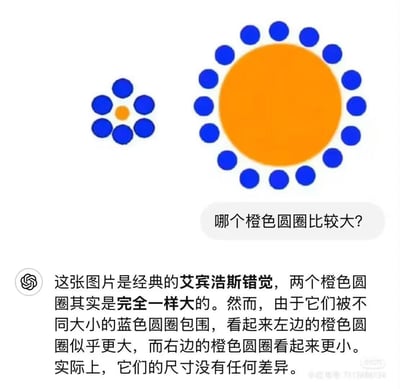 这是一张展示经典艾宾浩斯错觉的科普图，图中左右分布着两个橙色圆圈：左侧橙色圆圈被一圈小蓝色圆圈包围，右侧橙色圆圈被一圈大蓝色圆圈包围。视觉上会让人产生左侧橙色圆圈更大的错觉，但实际上两个橙色圆圈的尺寸完全相同。图中配有提问“哪个橙色圆圈比较大？”，并在下方用文字详细解释了这一视觉错觉现象的原理。