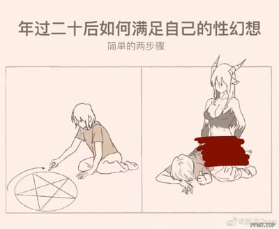 这是一张分两格的二次元连环梗图，标题为「年过二十后如何满足自己的性幻想 简单的两步骤」。
左格展示一名女生跪地专注地在地上绘制召唤恶魔的五芒星阵；右格则是召唤出了一位魅魔风格的女性角色，女生躺在地上，对着镜头比出点赞手势，中间关键部位被打码。
这张图玩了「召唤恶魔实现愿望」的经典梗，用夸张、无厘头的方式调侃对性幻想的满足，通过打码和点赞的反差制造搞笑效果。