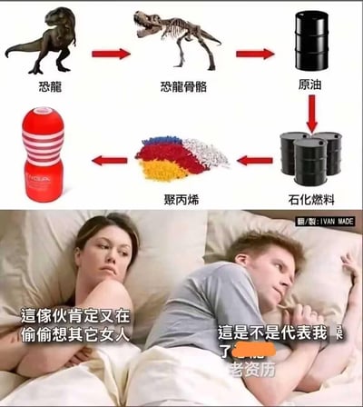 这是一张合成的搞笑梗图，分为上下两部分：上半部分是恶搞的产品溯源链，展示了从恐龙到恐龙骨骼，再形成原油、石化燃料，提炼出聚丙烯，最终制成TENGA飞机杯的荒诞转化过程；下半部分是美剧《办公室》的经典meme场景，妻子躺在床上一脸不满，认为丈夫在偷偷想别的女人，而丈夫则在思考这个溯源链，配文玩双关梗，调侃自己使用的飞机杯相当于“用了老资历（暗指老恐龙）”，通过荒诞的原料溯源和夫妻间的误解制造搞笑效果。