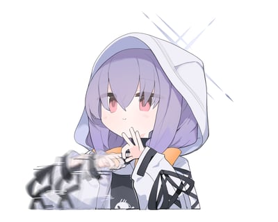 插画中是一位有着紫色长发和粉色眼眸的少女，她穿着带有黑色和橙色细节的白色连帽外套，头顶的兜帽自然垂落。少女的脸颊泛着淡淡的红晕，右手食指和中指并拢做出'耶'的手势，轻轻靠近嘴边，左手则呈现出动态模糊的效果，仿佛正在快速挥动。背景是纯白色，右上角有几道浅蓝色的斜向线条，增添了画面的灵动感。整体风格为日系动漫风，线条流畅，色彩柔和，展现出少女俏皮又略带羞涩的可爱气质。