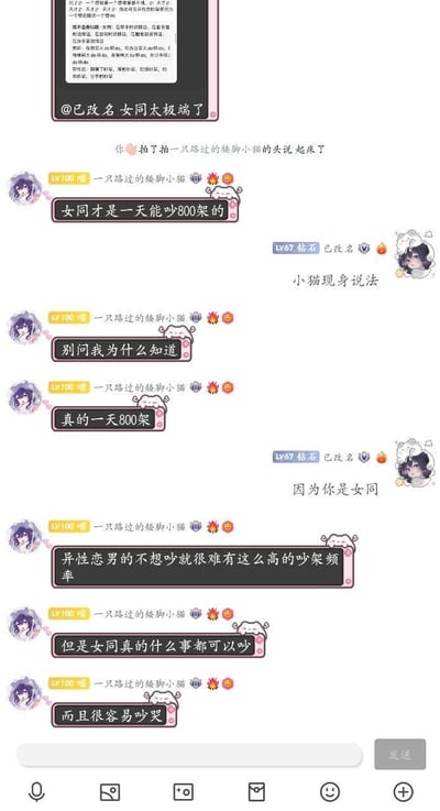 这是一段QQ聊天记录截图，用户「已改名」先抛出「女同太极端了」的观点，随后用户「一只路过的矮脚小猫」开始调侃女同情侣的吵架频率极高，称一天能吵800架，还对比异性恋情侣，说异性恋男性不想吵就很难有这么高频率，而女同什么事都能吵，还很容易吵哭，对话充满趣味调侃。
无双关、谐音梗或暗示内容。