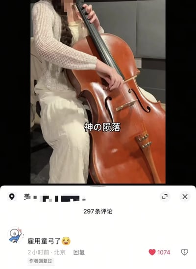图片中一位身着白色针织开衫和浅色长裙的人正坐在椅子上演奏大提琴，面部被像素化处理。大提琴为棕红色，琴身光泽明显。画面中间偏下位置有白色文字“神の陨落”。图片底部显示社交媒体界面元素，包括被模糊处理的位置标签“美...”、“297条评论”字样，以及一条点赞数为1074的热门评论“雇用童弓了”并带有笑脸表情。整体场景呈现出演奏者专注拉琴的状态，结合文字和评论形成一种幽默反差效果。