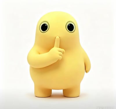 这是一张3D渲染的卡通风格静态图，主体是一个通体淡黄色、造型圆润软萌的无名卡通形象，它有着大而圆的黑色眼睛，正将右手食指放在嘴边做出噤声的手势，背景为纯白色无多余装饰，整体表意清晰，用于呼吁大众保持安静，契合为高考考生营造安静环境的主题。