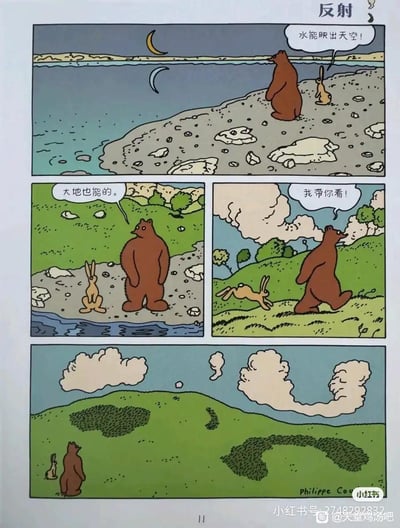 这是一则名为《反射》的四格连环漫画，讲述了棕熊和兔子的趣味互动：
1. 夜晚的河边，兔子指着水面倒映的月牙说“水能映出天空！”；
2. 白天熊回应“大地也能的”，兔子对此充满好奇；
3. 兔子兴奋地喊出“我带你看！”，带着棕熊跑向远处的山坡；
4. 最后一格揭晓趣味谜底：山坡上的灌木丛形状和天上的云朵完全一致，如同大地把天空的云朵“反射”了出来，用视觉巧合制造出冷幽默的效果。