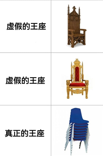 图片为三行两列的对比构图，每行左侧为文字标签，右侧为对应物品。第一行左侧文字'虚假的王座'，右侧是一把深色木质雕花王座，带有尖顶装饰；第二行左侧同样标注'虚假的王座'，右侧为金色镶边、红色坐垫的华丽王座，扶手有狮头装饰；第三行左侧文字'真正的王座'，右侧则是一叠蓝色折叠椅。通过将象征权力的华丽王座贬低为'虚假'，而将日常实用的折叠椅抬高为'真正的王座'，形成强烈反差，制造幽默讽刺效果。