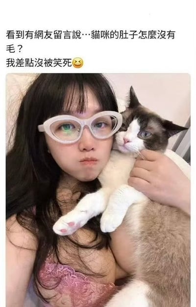 这是一张自拍合影梗图，女生抱着猫咪，被网友误认为猫咪肚子没毛，实际上是因为猫咪肚子恰好被女生的衣服遮挡住，发生了搞笑的视觉错位。这样的错位让人产生误解，引发幽默调侃。此图带有明显的双关和视觉错觉效果，令人忍俊不禁。