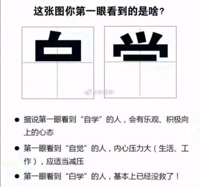 图片上方以黑色文字提问“这张图你第一眼看到的是啥？”，下方左右并排两个被十字线分割为四格的正方形框，框内均为黑色几何图形。左侧图形可被解读为“自”与“学”的组合，右侧图形可被解读为“自”与“觉”的组合，也可能整体被看作“白学”。图下方用 bullet points 标注不同解读对应的性格暗示：看到“自学”代表乐观积极，看到“自觉”暗示压力大需减压，看到“白学”则被调侃“没救了”。图片利用视觉错觉原理，通过模糊图形边界引发多义解读，从而实现社交互动效果。