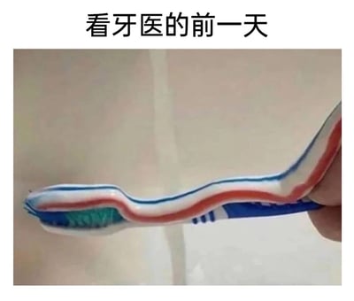 这是一张带有搞笑属性的文字加注静态图，图片上方配有文字“看牙医的前一天”，主体内容是一支牙刷被挤上了远超日常用量的牙膏，牙膏在牙刷上形成了长长的波浪形状，几乎延伸到牙刷柄位置。这张图用夸张的行为，调侃了人们在即将看牙医之前，想要彻底清洁牙齿的焦虑心态，通过放大日常行为的方式制造幽默效果，容易引发有过类似经历的人的共鸣。