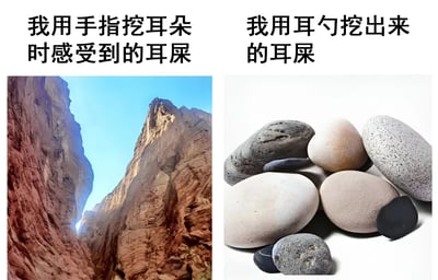 左右对比图，左侧文字为'我用手指挖耳朵时感受到的耳屎'，配图是宏伟的峡谷峭壁，夸张表现手指挖耳时感知到的耳屎大小；右侧文字为'我用耳勺挖出来的耳屎'，配图是一堆小鹅卵石，展现实际挖出的少量耳屎，通过强烈反差制造幽默效果。
