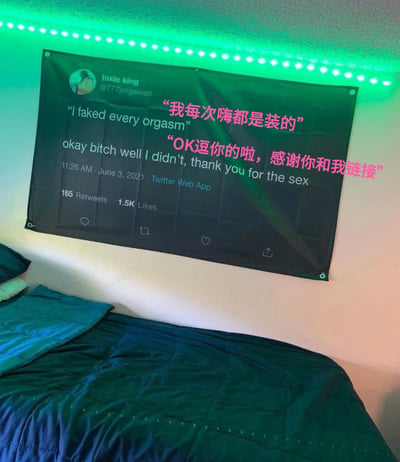 一张卧室场景照片，墙上挂着一个印有Twitter对话的黑色横幅。横幅上方有绿色LED灯带照明，下方是铺着蓝色被子的床铺。横幅内容显示了一段2021年6月3日的Twitter对话，用户"toxic king"发布"I faked every orgasm"，对方回应"okay bitch well I didn't, thank you for the sex"。对话上方有粉色中文翻译："我每次嗨都是装的"和"OK逗你的啦，感谢你和我链接"。