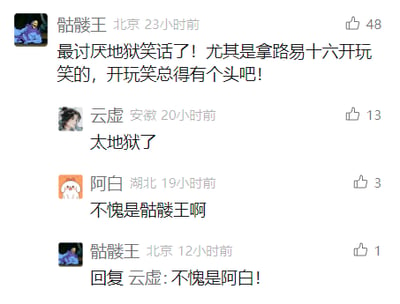 这是一张社交媒体评论区的静态截图，展示了四位用户的互动玩梗过程。用户“骷髅王”首先发表评论，表示自己讨厌地狱笑话，尤其是拿路易十六开玩笑的，还提到“开玩笑总得有个头吧”，这里的“头”暗合路易十六被送上断头台的历史事件，本身就带有地狱笑话的意味；用户“云虚”回复“太地狱了”，既呼应了地狱笑话的主题，又和“骷髅王”的ID（骷髅关联死亡、地狱）形成双关；用户“阿白”回复“不愧是骷髅王啊”，调侃骷髅王的发言本身就是地狱笑话；最后“骷髅王”回复云虚“不愧是阿白!”，完成了整个玩梗互动。评论区还显示了每个用户的所在地和评论时间，以及评论的点赞数。
