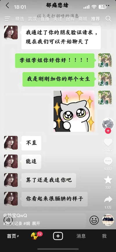 这是一张来自抖音平台的微信聊天记录截图，内容是刚通过好友验证的学妹热情地向学姐打招呼，还发送了一张星星眼期待的猫咪表情包，学姐则直接且直白地回复“不直”“能追”，最后更是主动表示“算了还是我追你吧”“你看起来很腼腆的样子”，对话充满了姬圈的甜蜜暧昧，反差感拉满，让人觉得惊喜又暖心。