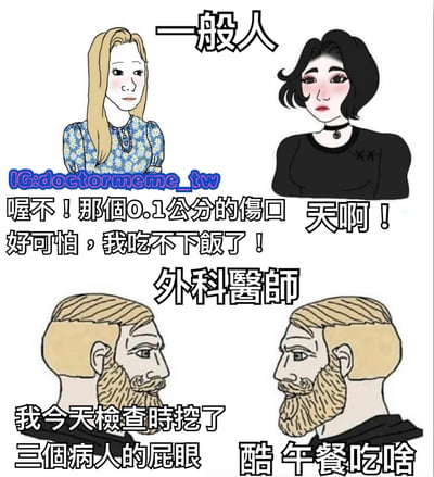 这是一张四格对比漫画，通过夸张手法展现一般人与外科医师对不同事物的反应反差。上半部分标题为“一般人”，左侧金发女性穿着蓝底碎花上衣，对“0.1公分的伤口”表现出极度惊恐，配文“喔不！那个0.1公分的伤口好可怕，我吃不下饭了！”；右侧黑发女性穿着黑色上衣，同样惊讶地说“天啊！”。下半部分标题为“外科医师”，两名留着胡子的男性医师表情淡定，左侧医师说“我今天检查时挖了三个病人的屁眼”，右侧医师则接话“酷 午餐吃啥”。通过强烈的反应对比制造幽默效果，凸显外科医师职业特性带来的心理耐受度差异。