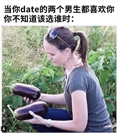 这张梗图上方有文字"当你date的两个男生都喜欢你 你不知道该选谁时："，下方是一位女生蹲在田地里，双手各拿着一个茄子，正在认真比较的场景。图片通过视觉隐喻，将女生难以在两个约会对象之间做选择的困境，幽默地比作在两个茄子之间做选择，营造出轻松搞笑的效果。