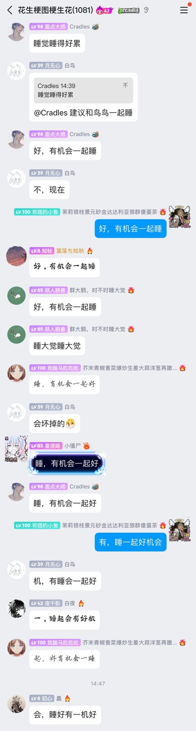 这是一段QQ群聊「花生梗图梗生花(1081)」的聊天记录截图，群内互动从用户Cradles的一句「睡觉睡得好累」展开：用户月无心提议「和鸟鸟一起睡」，Cradles回复「好，有机会一起睡」，月无心接话「不，现在」，随后群内多名成员开始复读「好，有机会一起睡」，接着有人将原句语序打乱，发出「睡，有机会一起好」这类变形语句，群成员纷纷跟风，把原句拆打乱重组，比如「有，睡一起好机会」「机，有睡会一起好」等，形成了群友玩梗的搞笑互动氛围，属于典型的社群即兴趣味玩梗内容。
