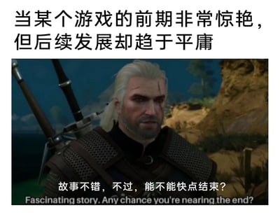 这是一张用来吐槽游戏的图文梗图，上方配有文字“当某个游戏的前期非常惊艳，但后续发展却趋于平庸”，点明了吐槽的主题；下方是游戏《巫师3：狂猎》主角杰洛特的截图，截图里的杰洛特配文“故事不错，不过，能不能快点结束？”，同时附带对应的英文翻译。这张图借用杰洛特在游戏里对冗长内容的吐槽台词，精准表达了玩家在体验前期惊艳但后期内容平庸拖沓的游戏时，内心的不耐烦和希望快点结束游戏的心情，能引发有类似经历的玩家的强烈共鸣。