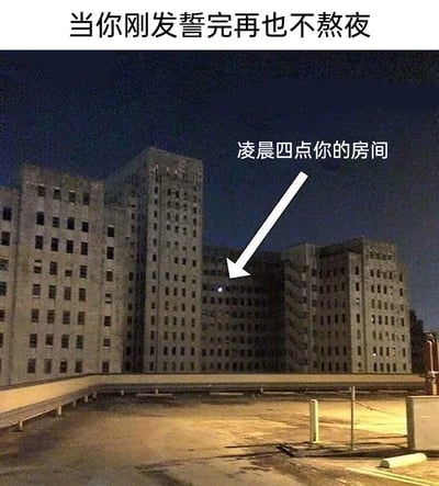 这是一张调侃当代人熬夜的自嘲梗图，画面是深夜的居民楼外景，整栋楼绝大多数房间都处于黑暗状态，只有一个房间亮着灯光。图片顶部配文“当你刚发誓完再也不熬夜”，并用白色箭头指向那盏唯一的灯光，标注“凌晨四点你的房间”，用强烈的视觉对比，夸张地表现出很多人刚下定决心要改掉熬夜的习惯，转头就忍不住熬夜的“打脸”日常，精准戳中了当代年轻人难以自律、熬夜成常态的生活痛点，引发共鸣。