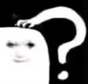 这是一张黑白合成的视觉错位表情包，将真人脸部与问号图案创意结合，问号的横向笔画被处理成一只手搭在脸部上方的形态，形成充满迷惑感的视觉效果，生动传递出疑惑、不解、摸不着头脑的情绪，适合在遇到困惑的事情时用来表达心情。