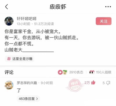 这是一张社交平台皮皮虾的帖子截图，用户“轩轩嘚吧嘚”发布了一个半开放的脑洞段子：设定身为富家千金的“你”被山贼抓走却毫不慌乱，留下“山贼老大_______”的填空等待续写。评论区用户“罗志祥的兴趣”仅用一个“了”字作为回复，通过省略前文的“慌”字，形成反差梗——暗示山贼老大反而因为千金的强大背景慌了神，契合设定的同时制造出沙雕搞笑的效果，该评论获得2万点赞，被标注为神评。