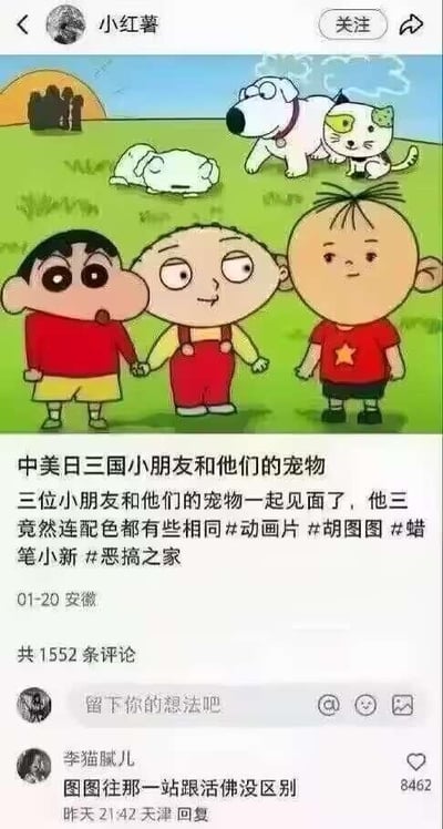 这是一张小红书平台的社交媒体截图，整体为图文混排形式。上方是经过P图合成的卡通场景：将中国动画《大耳朵图图》的胡图图、日本动画《蜡笔小新》的野原新之助、美国动画《恶搞之家》的饺子三位来自不同国家的动画主角放在同一片草地背景中，三人的上衣均为红色系，配色高度相似；同时搭配了三部作品里的宠物——《大耳朵图图》的小怪、《蜡笔小新》的小白、《恶搞之家》的布莱恩，背景是带有日落的绿色草地。下方是发布者的文案：“中美日三国小朋友和他们的宠物 三位小朋友和他们的宠物一起见面了，他三竟然连配色都有些相同#动画片 #胡图图 #蜡笔小新 #恶搞之家”，还附带了一条热门评论，用户“李猫腻儿”留言“图图往那一站跟活佛没区别”，获得8462个赞，玩的是胡图图光头外形和“活佛”相似的梗，制造搞笑效果。