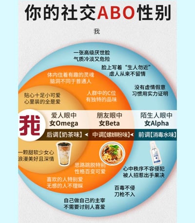 这是一张圈层式的趣味社交人格分析图，将不同社交距离下的个人状态对应ABO性别设定，同时用「前调/中调/后调」的气味概念类比社交印象：
1. **陌生人眼中（外圈，女Alpha，前调消毒水味）**：对外展现出高级厌世脸、气质冷淡危险，脸上写着「生人勿近」，习惯用实力证明自己，心中秩序不容侵犯，被招惹时出手果决，自带百毒不侵的气场，是自己的主宰，无需讨好他人。
2. **朋友眼中（中圈，女Beta，中调螺蛳粉味）**：拥有有趣的灵魂、独特品味，是人群中的C位，思路跳脱性格百变，对喜欢的人特别偏爱、无感的人不理睬，真实又有个性。
3. **爱人眼中（内圈，女Omega，后调奶茶味）**：是贴心小可爱，有着甜软少女心，浪漫深情，只把爱留给在意的人，内心温柔又专一。
整图通过圈层对比，具象化展现了人在不同社交关系里的性格反差，没有双关或谐音梗。