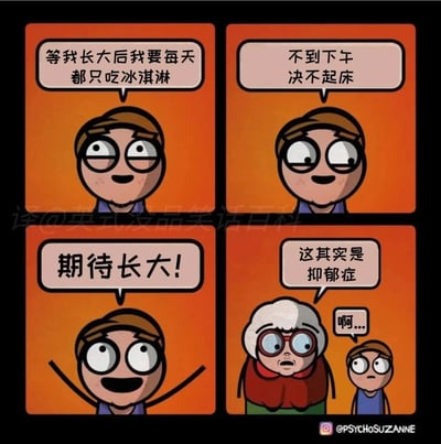 这是一幅四格卡通连环漫画，以孩子对长大的憧憬和成人视角的真相形成强烈反差：第一格中，戴眼镜的小男孩满脸兴奋地畅想未来的“自由”生活，说“等我长大后我要每天都只吃冰淇淋”；第二格他继续开心地补充“不到下午决不起床”；第三格他张开双臂，激动地喊出“期待长大！”，满是对成年生活的向往；第四格中，一位白发戴红框眼镜的老人严肃地对他点破“这其实是抑郁症”，小男孩瞬间露出错愕的表情，发出“啊...”的回应。漫画用黑色幽默的方式，将孩子眼中的“理想成年生活”和抑郁症的典型表现联系起来，在搞笑的同时也带有对心理健康问题的警醒，讽刺了人们对抑郁症症状的忽视。