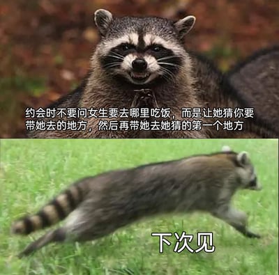 这是一张上下拼接的浣熊梗图，上半部分的浣熊摆出一副传授经验的姿态，配文分享了一个看似“机智”的约会小技巧：约会时不直接询问女生想去哪里吃饭，而是让女生猜测要带她去的地方，随后带她去女生猜的第一个地方；下半部分则是这只浣熊快速奔跑离开，配文“下次见”。整体通过浣熊前后的姿态反差制造幽默效果，看似在传授实用技巧，实则用跑路的动作调侃该技巧可能并无实际作用，只是一个博人一笑的无厘头玩笑，适合在网络上作为搞笑内容分享，用来调侃约会中的小趣事。