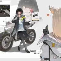 这是一张《明日方舟》的同人创作图，画面左侧是一位身着黑灰配色制服的黑发角色，正坐在一辆造型硬朗的科幻越野摩托上，手中拿着类似通讯设备的物品，旁边还附带了一个该摩托的小型展示图标；画面右侧是一位兽耳角色，仅露出上半身，对着左侧的角色和摩托竖起大拇指，旁边还有粉色爱心符号，传递出对这款载具的喜爱与认可，整体画风是二次元风格化创作，构图清晰明快。