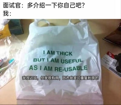 这是一张模拟面试场景的搞笑梗图，图中上方文字构建了面试对话：面试官要求求职者介绍自己，求职者则用一个印有英文标语“I AM THICK BUT I AM USEFUL AS I AM RE-USABLE”（对应中文翻译为“我很迟钝，但我很有用，因为我是可重复利用的”）的白色可重复使用购物袋来代表自己的自我介绍。该图以自嘲的幽默方式，表达了职场人对自身的调侃——虽然可能不够机敏聪慧，但具备实用、耐用、能够持续重复创造价值的特质，精准戳中职场人在自我认知中的趣味表达需求。