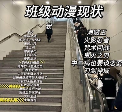 这张梗图以现实楼梯场景为底，通过文字标注构建强烈反差：独自走上楼梯的“我”，脚下每级台阶都标注着《鬼父》《无颜之月》《XL上司》等成人向里番动画名称；而楼梯右侧的密集人群则对应《海贼王》《火影忍者》《鬼灭之刃》等热门大众向、知名动漫。以此调侃自己的小众成人向动漫喜好与班级主流动漫喜好的巨大差异，凸显自己在班级动漫爱好者中的格格不入，充满自嘲和搞笑的意味。
