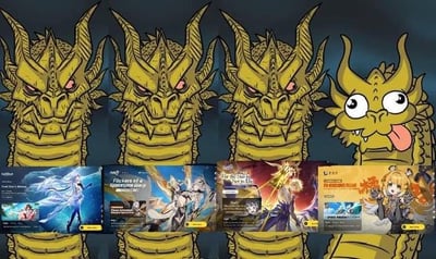 这是一张基于经典网络meme模板改编的P图，画面上方是四个金龙形象：左侧三头龙表情严肃、眼神锐利凶狠，右侧的小龙则吐舌瞪眼，表情滑稽搞怪。每个龙的下方对应一张二次元抽卡手游的宣传横幅，左侧三张横幅画风偏向华丽冷峻的写实二次元风格，角色造型精致大气；右侧的横幅则是Q版可爱画风，和上方龙的表情风格精准对应，用强烈的反差感调侃不同风格二次元手游给玩家带来的直观感受，整体搞笑效果拉满。
