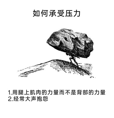 这是一张图文混排的幽默梗图，顶部标题为“如何承受压力”，中间是一幅黑白线稿风格的插画，原型是希腊神话中西西弗斯推石上山的经典形象：一个小人用双腿支撑着一块几乎完全遮挡住自己上半身的巨大石头，正在爬坡。下方列出两条“承受压力”的建议，第一条是正经的用力技巧：“用腿上肌肉的力量而不是背部的力量”，第二条则是反常识的搞笑建议：“经常大声抱怨”。两条建议形成强烈反差，用看似给出实用指导、实则吐槽调侃的方式，消解人们在生活或职场中面对压力的沉重感，用幽默的方式表达人们面对压力时的真实心态。