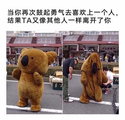 这是一张左右对比的图文混排梗图，左侧是一只站立在街头的考拉吉祥物玩偶，它双手抬起，神态活泼，传递出满怀期待、元气满满的情绪；右侧则是同一个考拉玩偶，头部套子垂落下来，身体佝偻，姿态颓丧，显得十分失落。图上方配有文字“当你再次鼓起勇气去喜欢上一个人，结果TA又像其他人一样离开了你”，通过玩偶前后的状态反差，生动形象地刻画出在感情里鼓起勇气付出真心，却再次遭遇离别，从满怀期待跌落至沮丧落寞的情绪变化，精准戳中了在感情中屡屡受挫人群的内心。